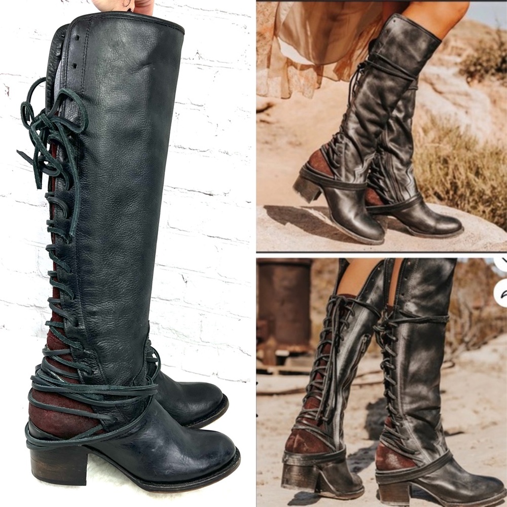 🚫SOLD! 🐎🤠|•FREEBIRD•| Black 'Coal' Lace Up Black Leather & Burgundy Suede🐎 - Picture 2 of 15